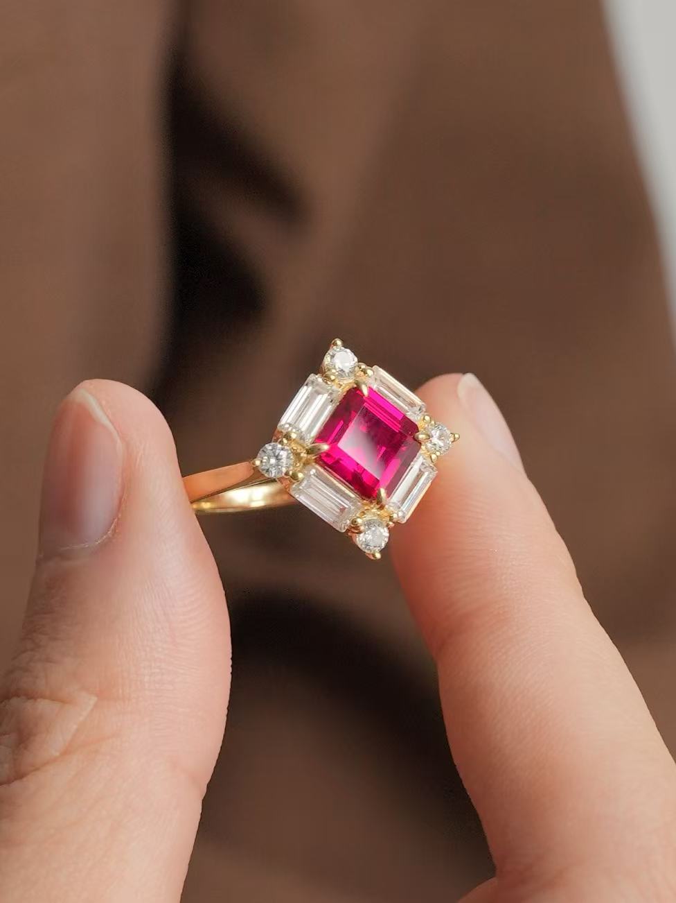 Emerald Brilliant Cut Ruby Ring - Majestic Red