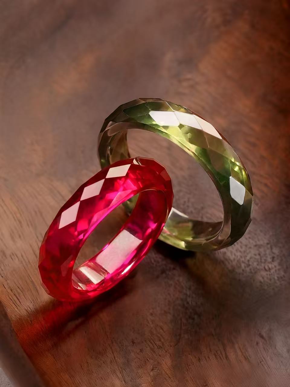 Ruby + Green Sapphire - 360-Degree Faceted Rings