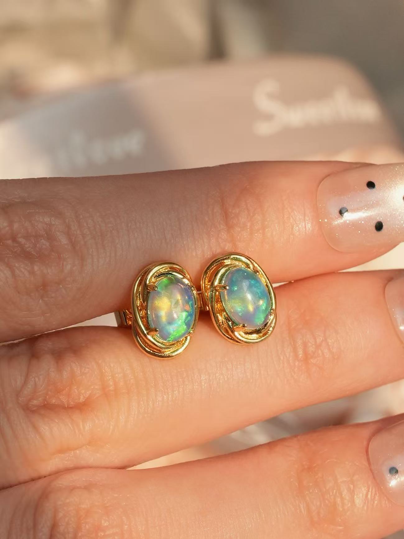 Oval Brilliant Cut Cabochon Opal Earrings - Shimmer Opal