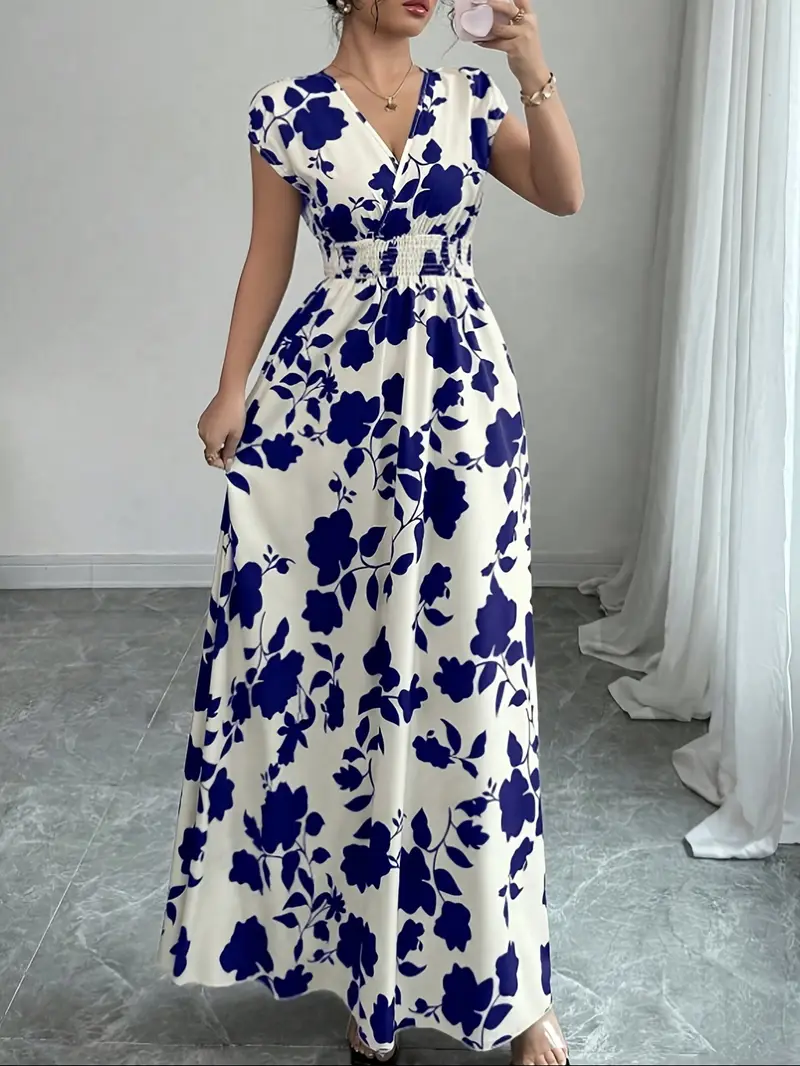 💜 Sukienka damska maxi z kwiatowym nadrukiem i dekoltem w serek