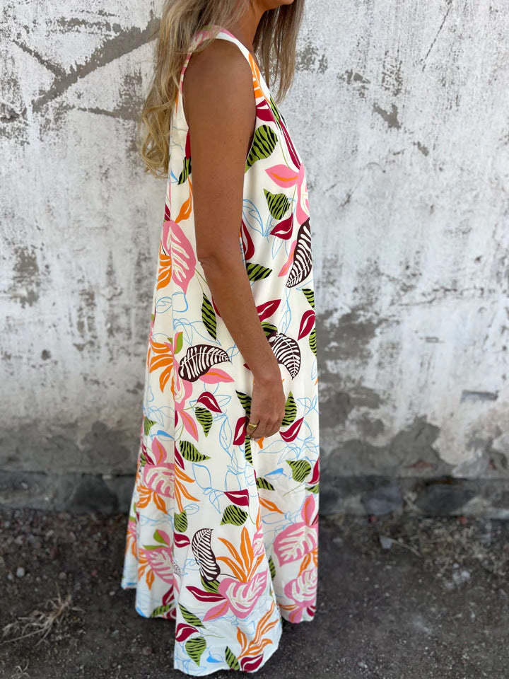 Sukienka damska z wzorem liści, dekoltem w serek, bez rękawów, sięgająca do ziemi