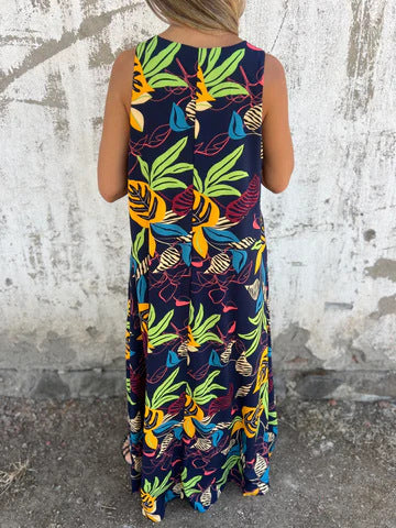 Sukienka damska z wzorem liści, dekoltem w serek, bez rękawów, sięgająca do ziemi