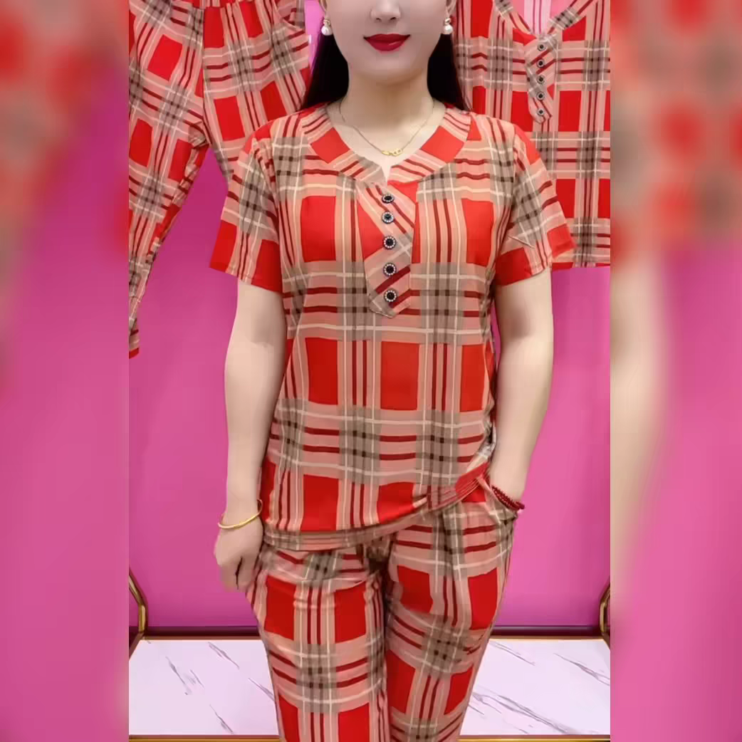 【Kup 1, a 2 dostaniesz gratis】【XL-6XL】2025 Letni swobodny garnitur w kratę w modnym stylu (top + spodnie)
