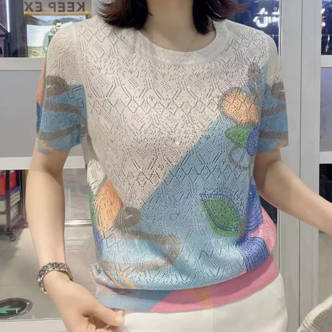 【L-5XL】👚 Nowa modna koszulka z okrągłym kołnierzykiem i diamentowym wzorem, uniwersalna i dopasowana