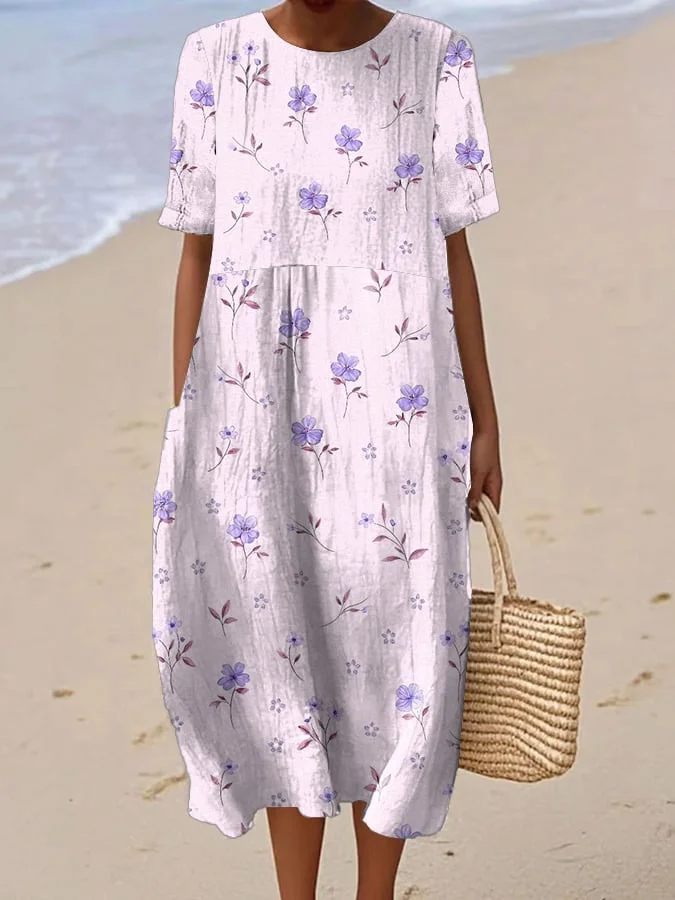 Damska sukienka lniana z krótkim rękawem z kwiatowym nadrukiem i okrągłym dekoltem