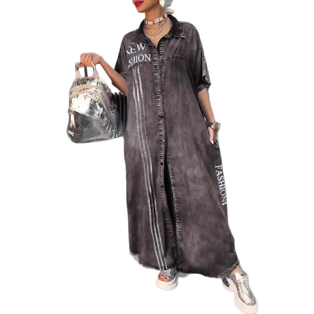 【XS－3XL】Sukienka jeansowa w paski z rękawami trzy czwarte 2025