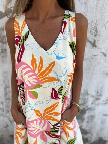 Sukienka damska z wzorem liści, dekoltem w serek, bez rękawów, sięgająca do ziemi