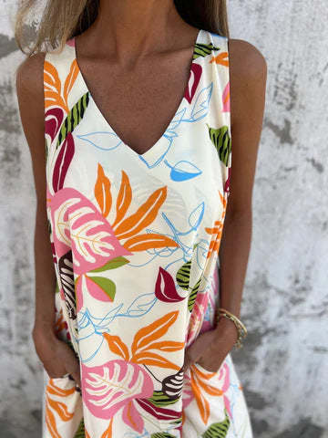 Sukienka damska z wzorem liści, dekoltem w serek, bez rękawów, sięgająca do ziemi