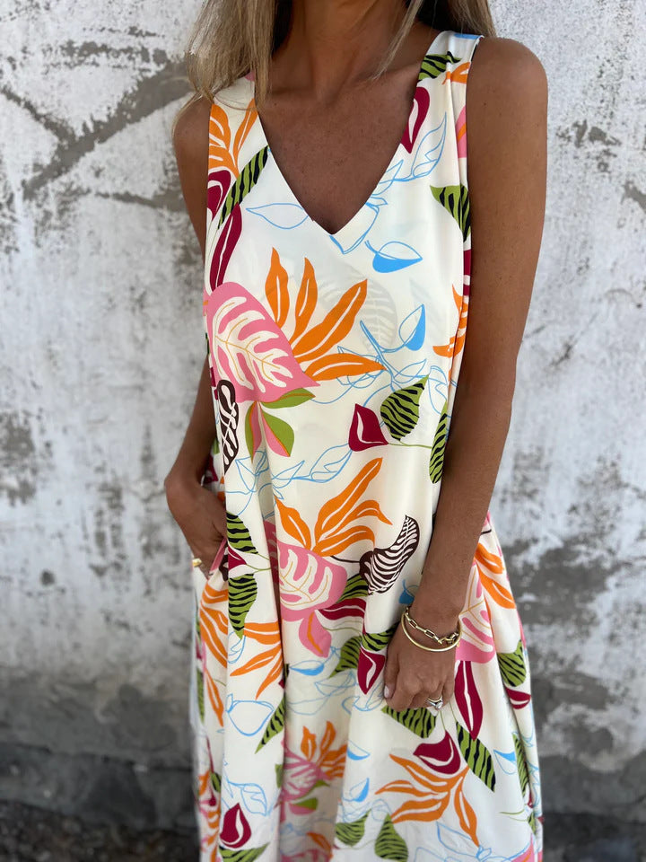 Sukienka damska z wzorem liści, dekoltem w serek, bez rękawów, sięgająca do ziemi