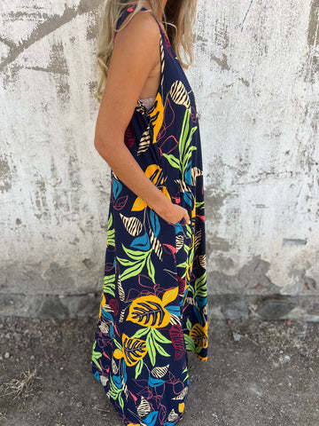 Sukienka damska z wzorem liści, dekoltem w serek, bez rękawów, sięgająca do ziemi