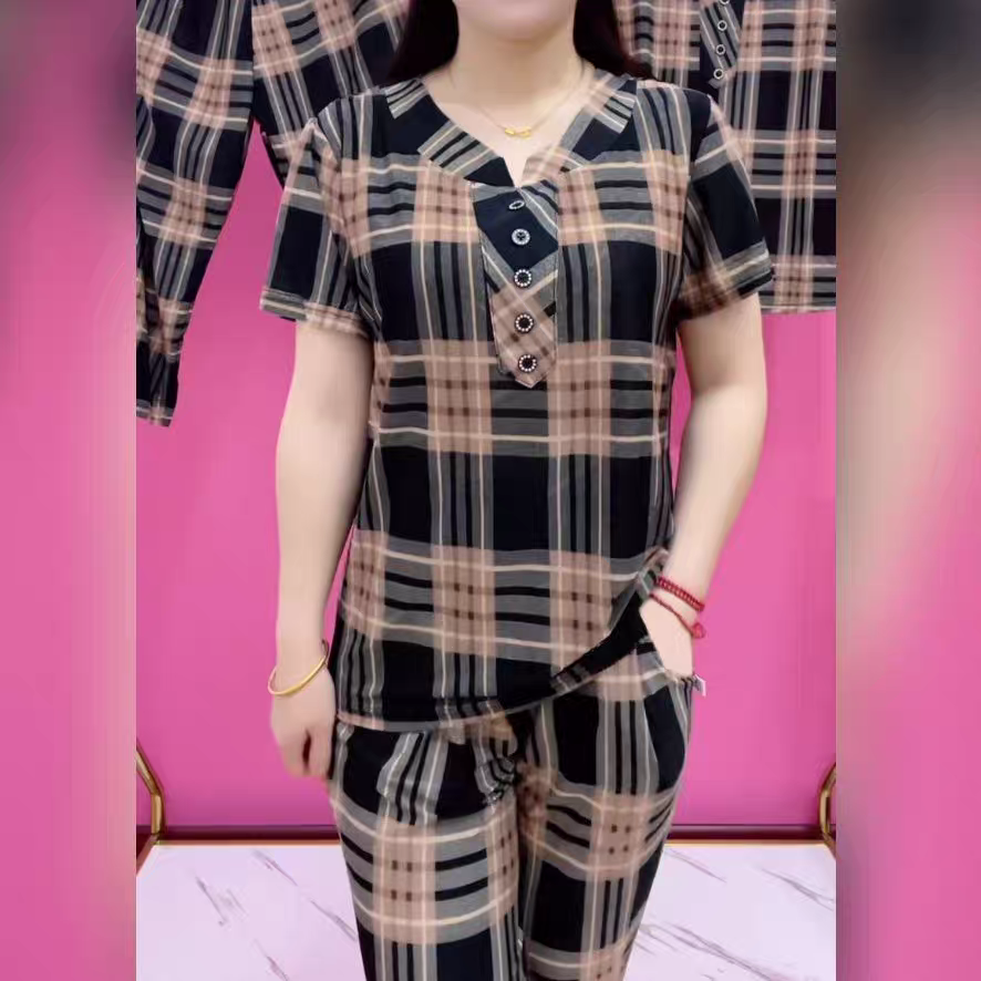 【Kup 1, a 2 dostaniesz gratis】【XL-6XL】2025 Letni swobodny garnitur w kratę w modnym stylu (top + spodnie)