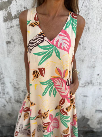 Sukienka damska z wzorem liści, dekoltem w serek, bez rękawów, sięgająca do ziemi