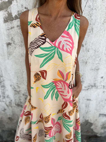 Sukienka damska z wzorem liści, dekoltem w serek, bez rękawów, sięgająca do ziemi
