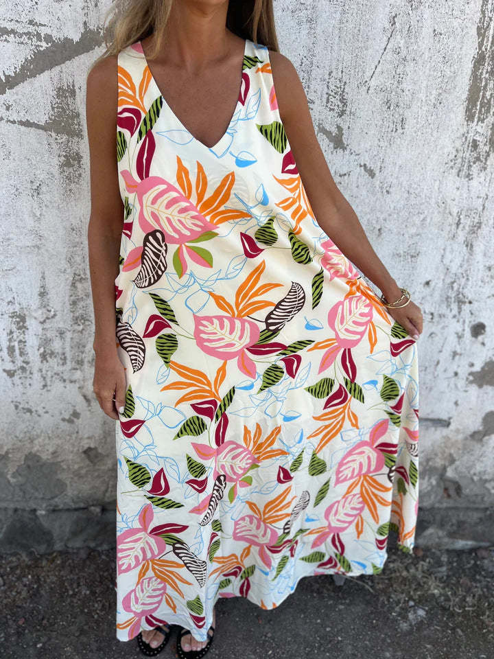 Sukienka damska z wzorem liści, dekoltem w serek, bez rękawów, sięgająca do ziemi