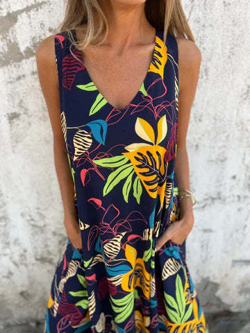 Sukienka damska z wzorem liści, dekoltem w serek, bez rękawów, sięgająca do ziemi