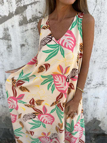 Sukienka damska z wzorem liści, dekoltem w serek, bez rękawów, sięgająca do ziemi