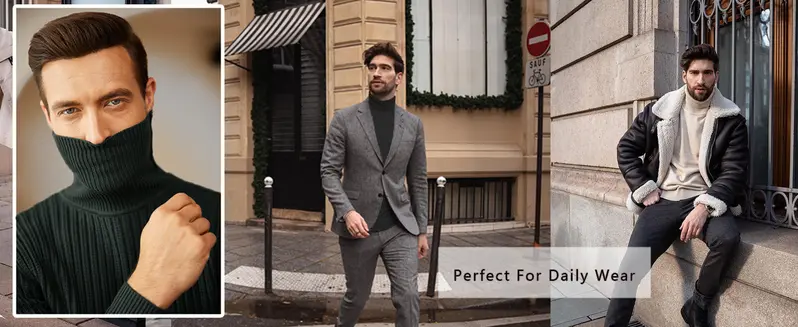Product Introduction of Coofandy Fall Outfits Men's Knitted Ribbed Turtleneck/High Neck Slim Fit Basic Sweater - Best Choice in Winter Casual Fabric Knitwear Menswear Soft Jacket Jeans Long Outdoor Pullover Suit Long Sleeve Thick 5