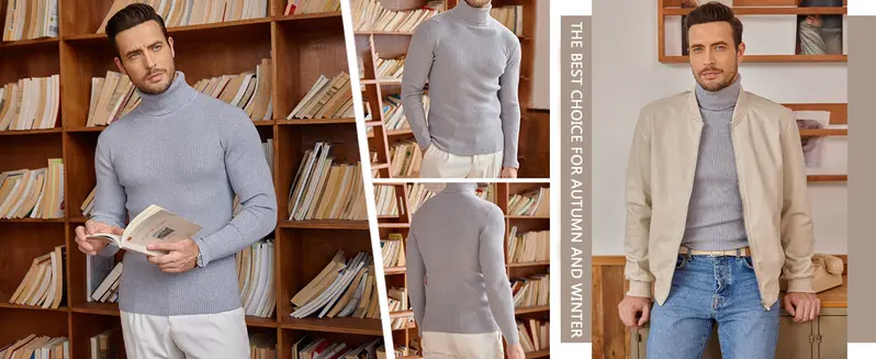 Product Introduction of Coofandy Fall Outfits Men's Knitted Ribbed Turtleneck/High Neck Slim Fit Basic Sweater - Best Choice in Winter Casual Fabric Knitwear Menswear Soft Jacket Jeans Long Outdoor Pullover Suit Long Sleeve Thick 3