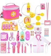 Toy Doctor Set for Girls - Pretend Play Doctor Set with Dog Toy, Carrying Bag, Stethoscope Toy and Dress Up Costume - Doctor Play Gift for Toddlers 3 4 5 6 Years Old for Role Play