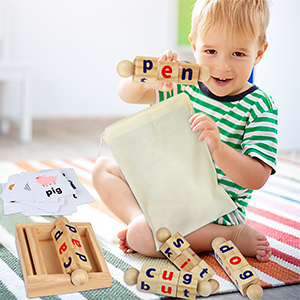 Montessori toys for 2 3 4 years old wooden reading blocks flash cards short vowels rotate matching letters toys children educational alphabet learning toys for preschool boys girls