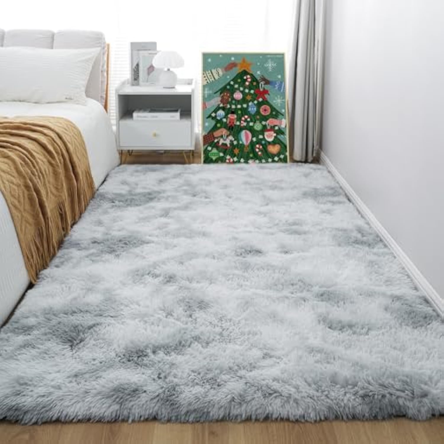 4x6 light grey fluffy pile rug for bedroom super soft pile washable rug for living room modern and comfortable non-slip shaggy rug for kids baby boy nursery tie dye grey