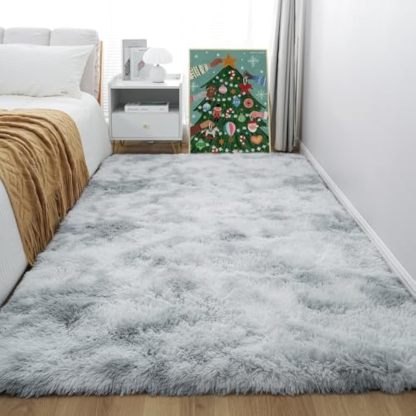 4x6 light grey fluffy pile rug for bedroom super soft pile washable rug for living room modern and comfortable non-slip shaggy rug for kids baby boy nursery tie dye grey