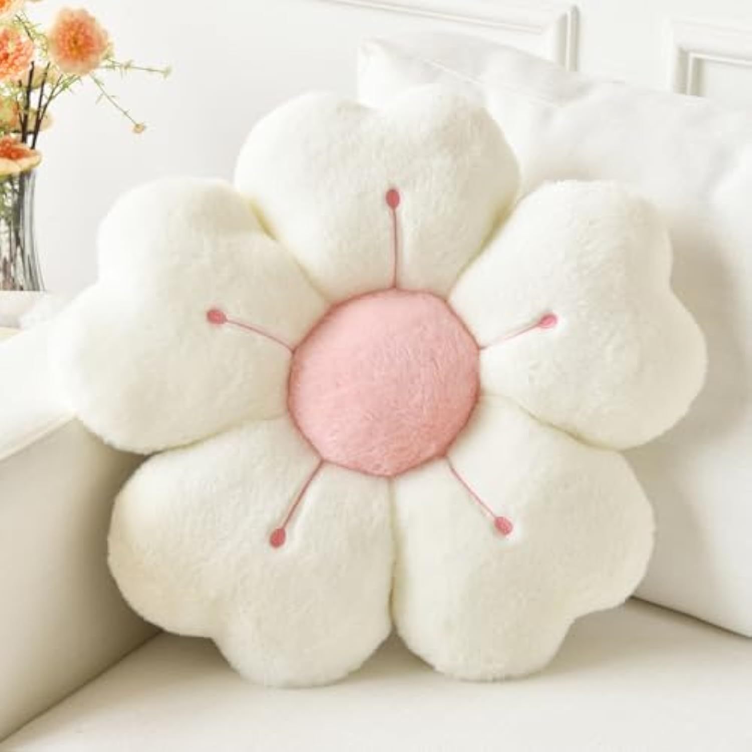 Flower Pillow, Flower Shaped Decorative Pillow, Suitable for Bed Sofa, Cute Daisy Pillow Dormitory Decorative Floor Cushion (White, 15 Inch)