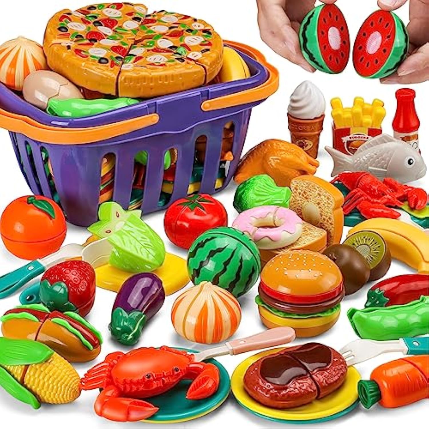 42pcs 87pcs Set Kids Cutting Game Kitchen Set Pretend Cooking Fruits and Vegetables Fast Food With Storage Basket Pretend Food Toys For Toddlers and Babies Educational Gift Boys Children Birthday