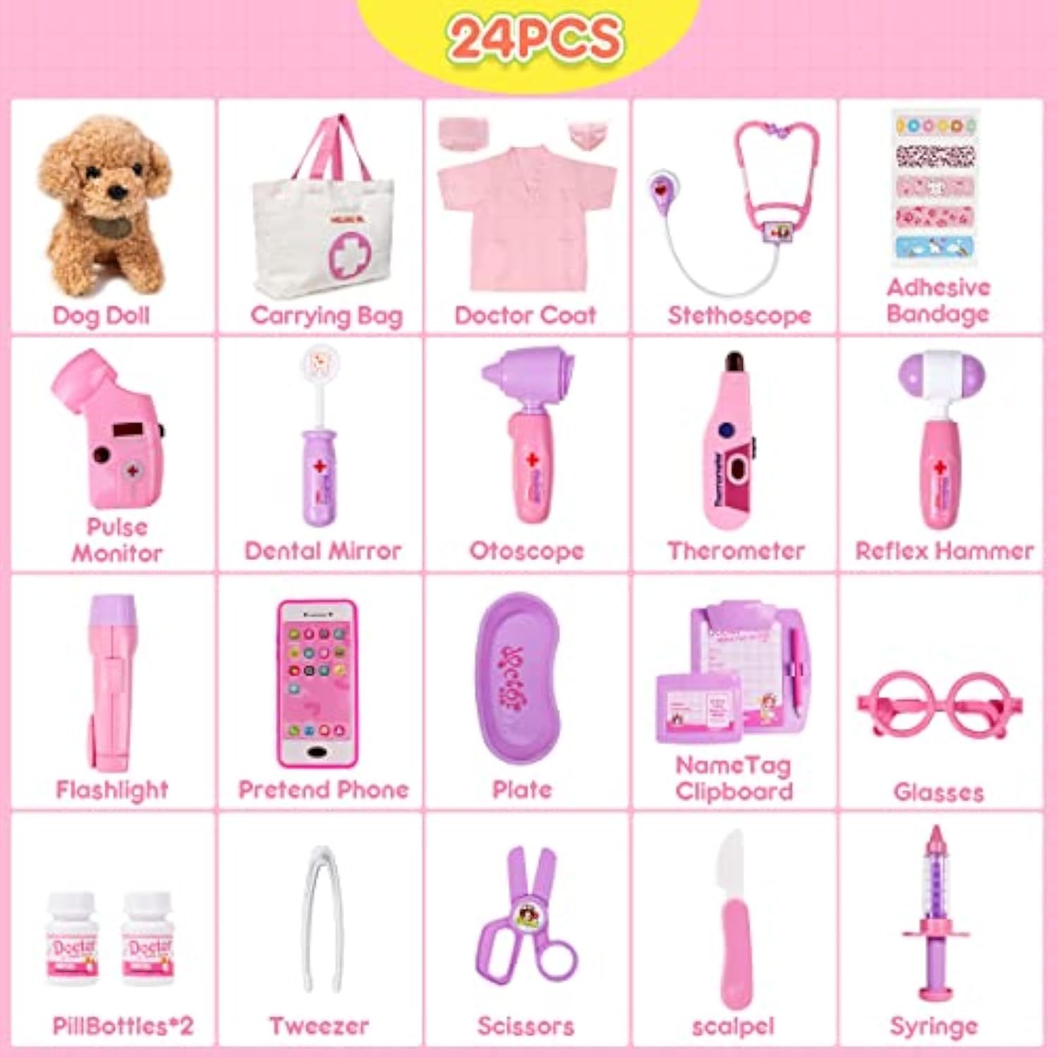 Toy Doctor Set for Girls - Pretend Play Doctor Set with Dog Toy, Carrying Bag, Stethoscope Toy and Dress Up Costume - Doctor Play Gift for Toddlers 3 4 5 6 Years Old for Role Play