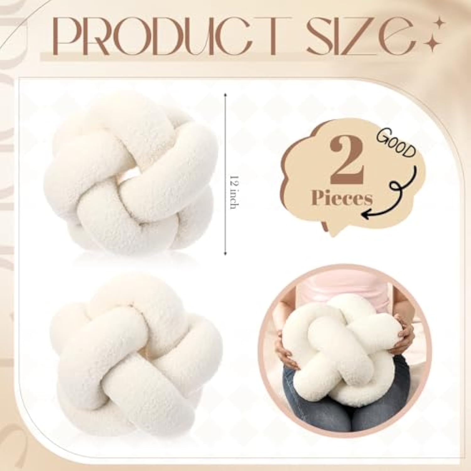 2 Pcs Knot Pillow Balls, 12 Inch Soft Home Decorative Cream White Round Stylish Throw Pillow Cute Handmade Knotted Aesthetic Ivory Circle Pillows for Bed Living Room Couch Sofa Decor
