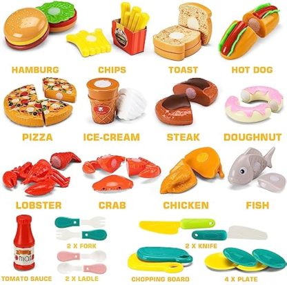 42pcs 87pcs Set Kids Cutting Game Kitchen Set Pretend Cooking Fruits and Vegetables Fast Food With Storage Basket Pretend Food Toys For Toddlers and Babies Educational Gift Boys Children Birthday