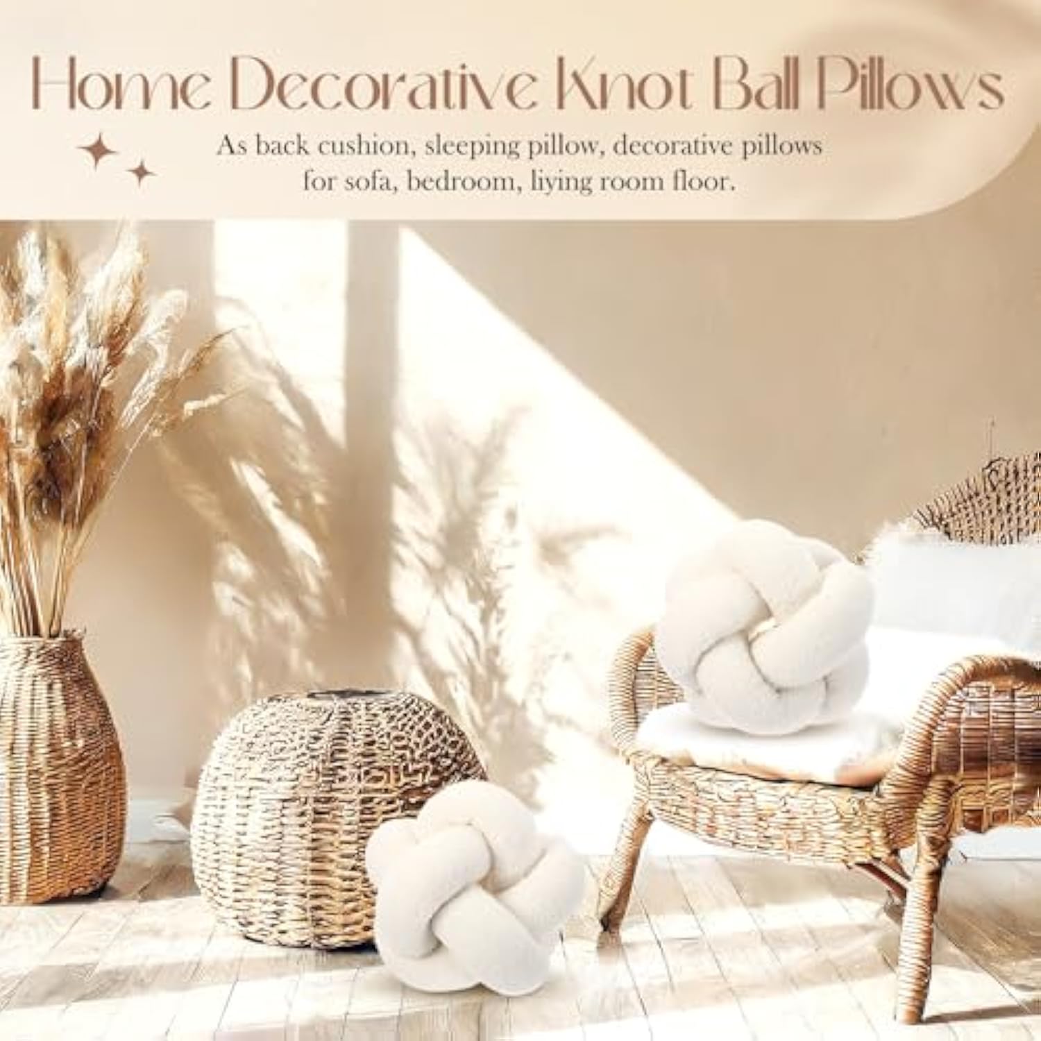 2 Pcs Knot Pillow Balls, 12 Inch Soft Home Decorative Cream White Round Stylish Throw Pillow Cute Handmade Knotted Aesthetic Ivory Circle Pillows for Bed Living Room Couch Sofa Decor