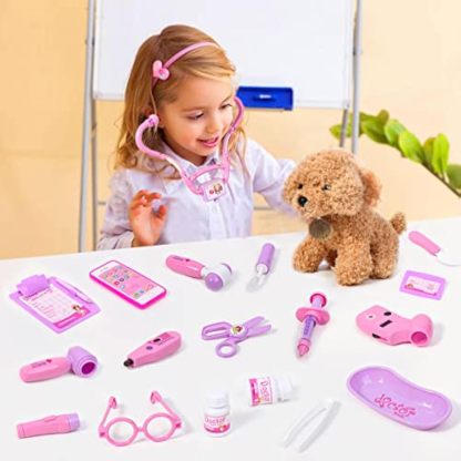 Toy Doctor Set for Girls - Pretend Play Doctor Set with Dog Toy, Carrying Bag, Stethoscope Toy and Dress Up Costume - Doctor Play Gift for Toddlers 3 4 5 6 Years Old for Role Play