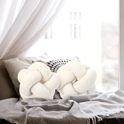 2 Pcs Knot Pillow Balls, 12 Inch Soft Home Decorative Cream White Round Stylish Throw Pillow Cute Handmade Knotted Aesthetic Ivory Circle Pillows for Bed Living Room Couch Sofa Decor