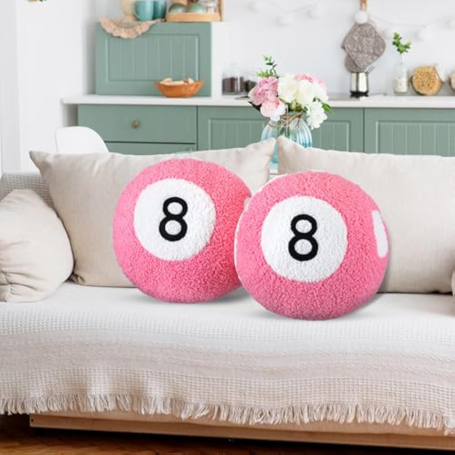 2 Piece Pink 8 Ball Throw Pillows Unique Little Dance Prep Room Decor Cushions Plush Soft Aesthetic Sporty Design 8 Ball Decor Perfect for College Girls, Women, Comfortable and Stylish Decor Decoration