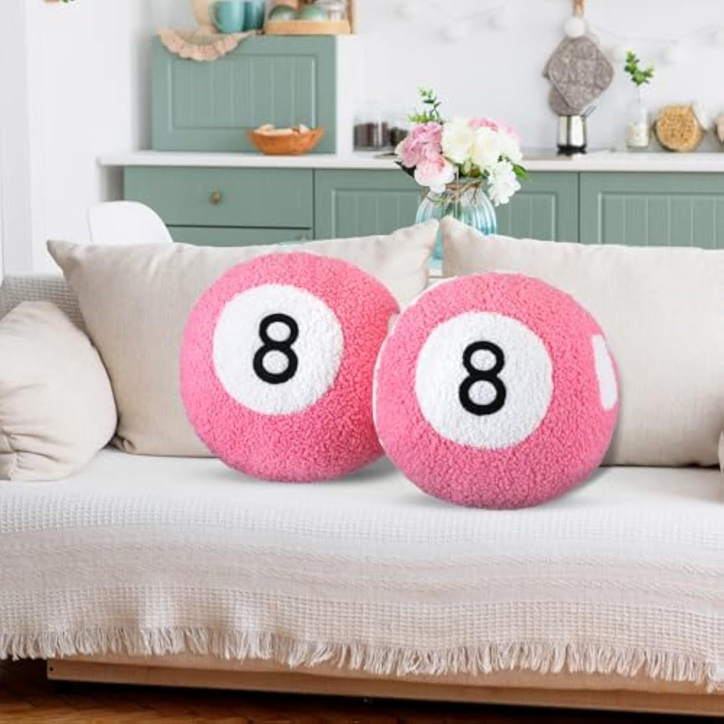 2 Piece Pink 8 Ball Throw Pillows Unique Little Dance Prep Room Decor Cushions Plush Soft Aesthetic Sporty Design 8 Ball Decor Perfect for College Girls, Women, Comfortable and Stylish Decor Decoration