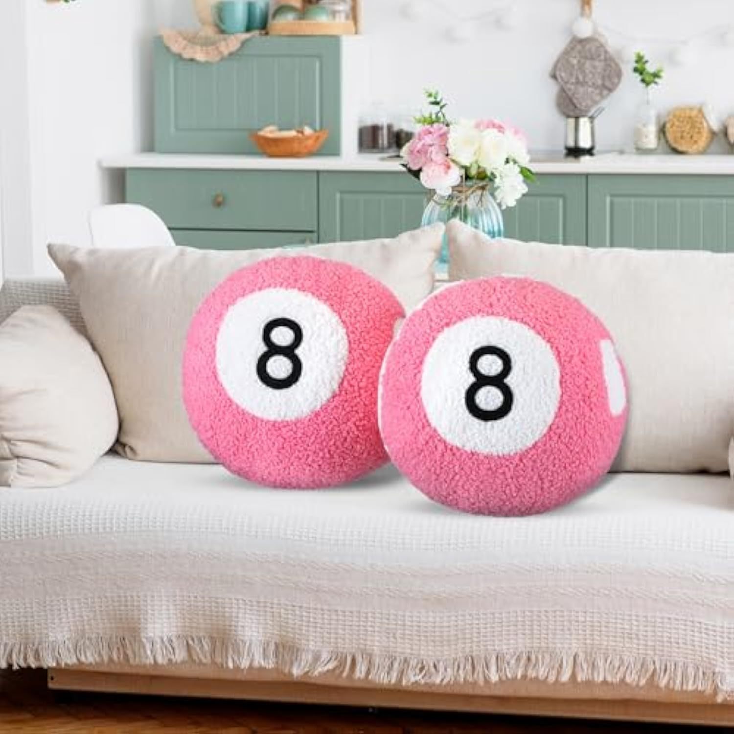 2 Piece Pink 8 Ball Throw Pillows Unique Little Dance Prep Room Decor Cushions Plush Soft Aesthetic Sporty Design 8 Ball Decor Perfect for College Girls, Women, Comfortable and Stylish Decor Decoration