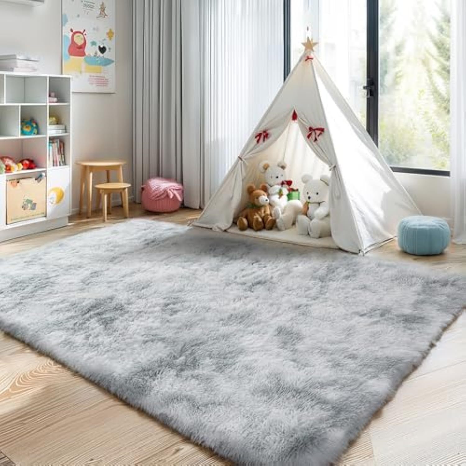 4x6 light grey fluffy pile rug for bedroom super soft pile washable rug for living room modern and comfortable non-slip shaggy rug for kids baby boy nursery tie dye grey