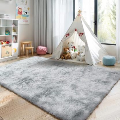 4x6 light grey fluffy pile rug for bedroom super soft pile washable rug for living room modern and comfortable non-slip shaggy rug for kids baby boy nursery tie dye grey