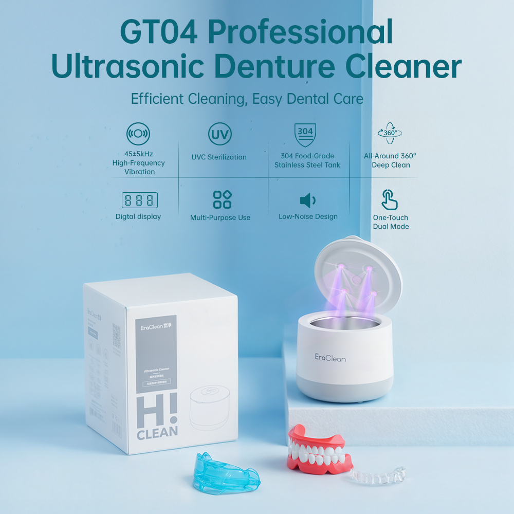 EraClean GT04 99.99% UVC Sterilization Digital Display 200ml Ultrasonic Cleaner for Denture Brace