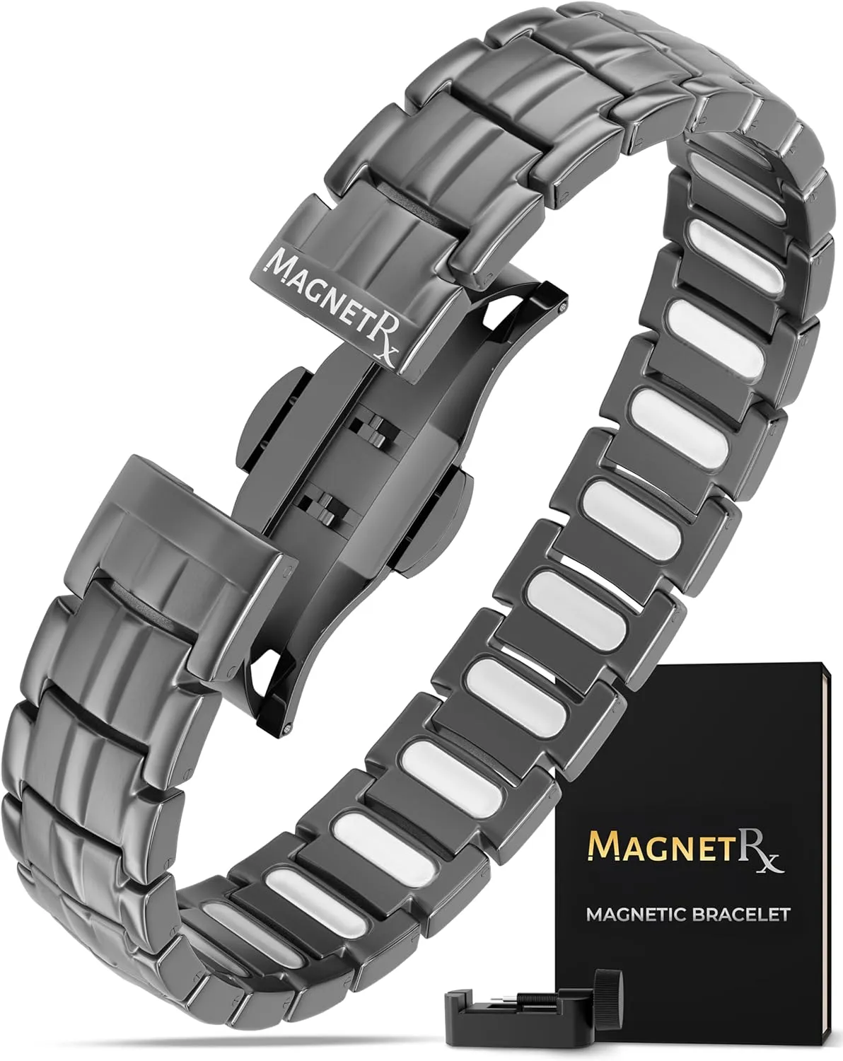 MagnetRX® Bracciale magnetico da uomo – i magneti sono 5 volte più potenti del modello EllipseMAX con una potenza di 5000 Gauss – design americano e sistema brevettato – bracciale magnetico da uomo in titanio premium con lunghezza regolabile