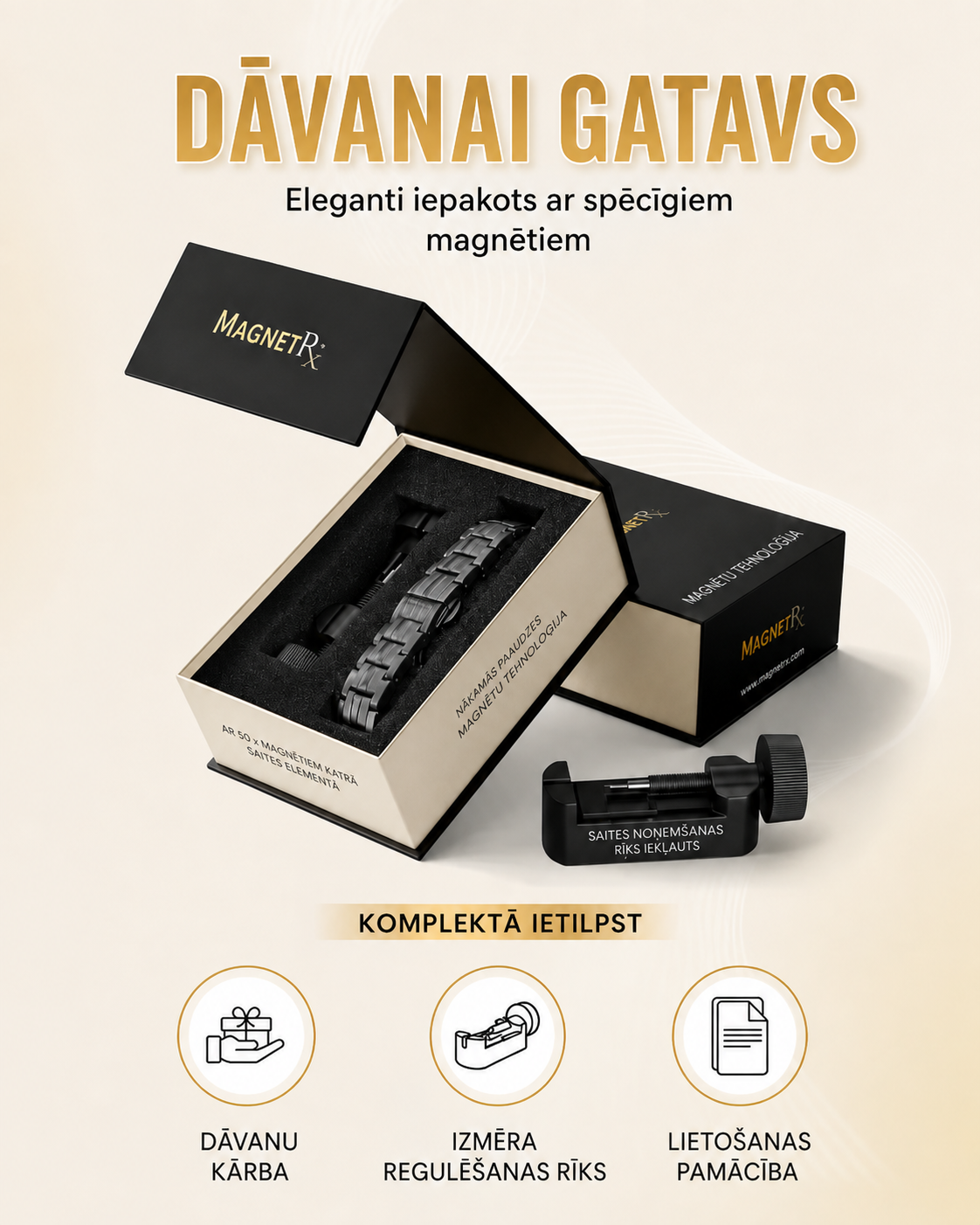 MagnetRX® vīriešu magnētiskā rokassprādze – magnētu jauda 5 reizes lielāka nekā EllipseMAX modelim, 5000 gausu – amerikāņu dizains un patentēta sistēma – augstākās kvalitātes regulējama garuma titāna magnētiskā rokassprādze vīriešiem