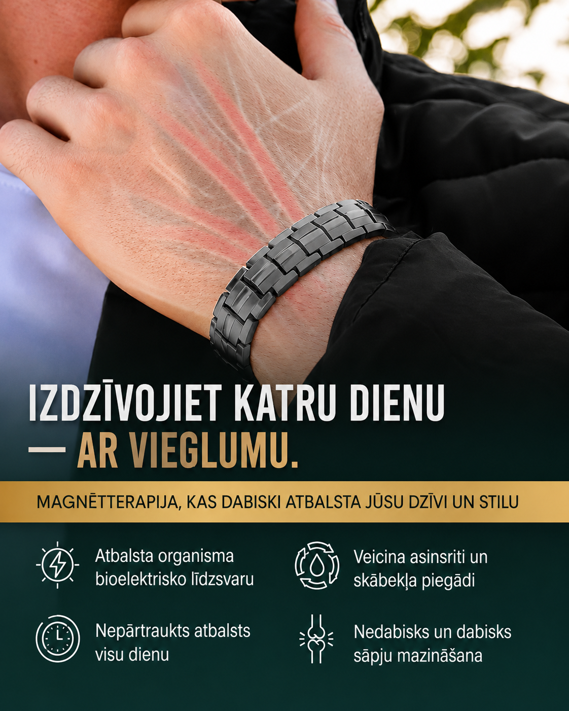 MagnetRX® vīriešu magnētiskā rokassprādze – magnētu jauda 5 reizes lielāka nekā EllipseMAX modelim, 5000 gausu – amerikāņu dizains un patentēta sistēma – augstākās kvalitātes regulējama garuma titāna magnētiskā rokassprādze vīriešiem