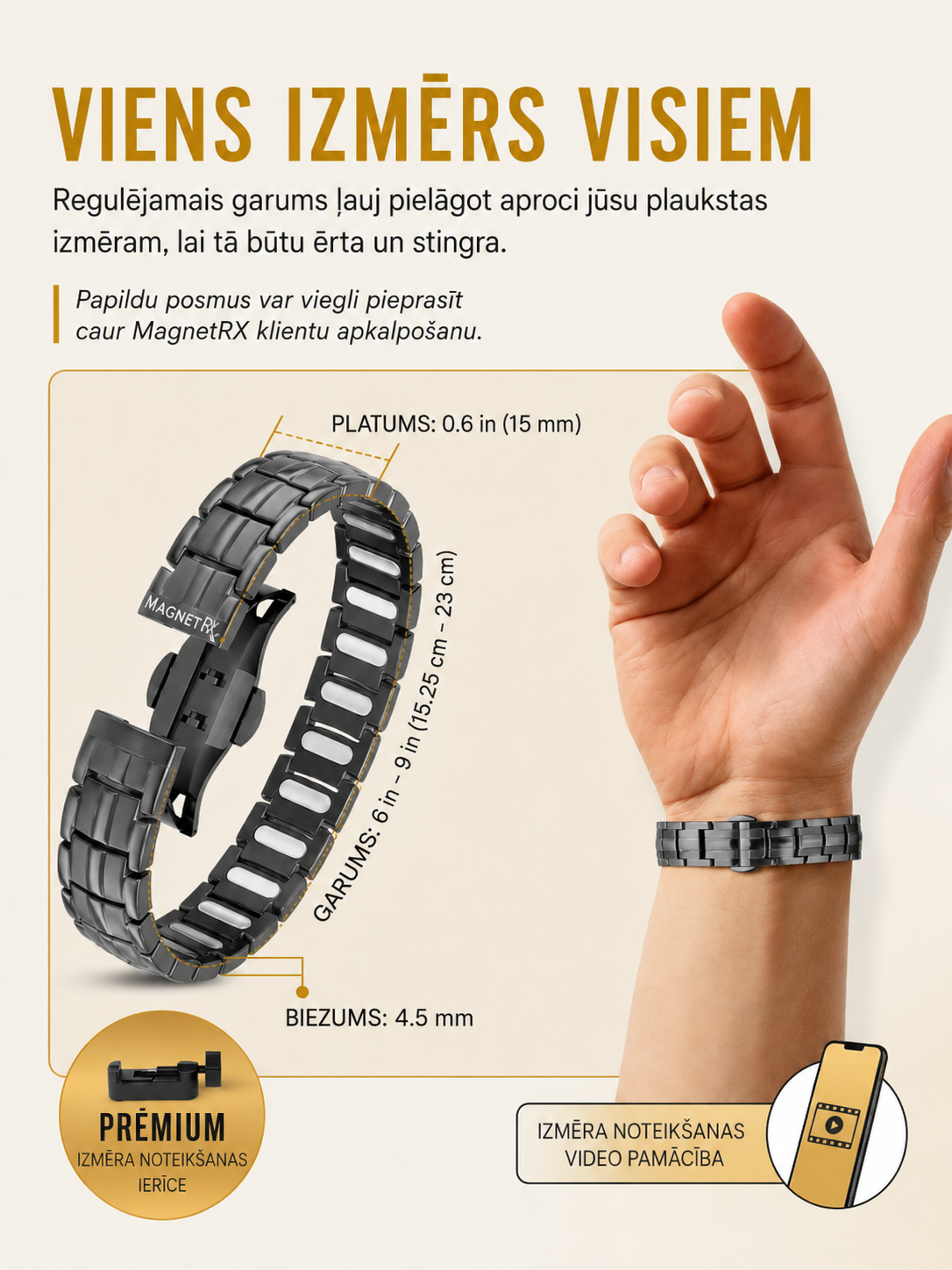 MagnetRX® vīriešu magnētiskā rokassprādze – magnētu jauda 5 reizes lielāka nekā EllipseMAX modelim, 5000 gausu – amerikāņu dizains un patentēta sistēma – augstākās kvalitātes regulējama garuma titāna magnētiskā rokassprādze vīriešiem