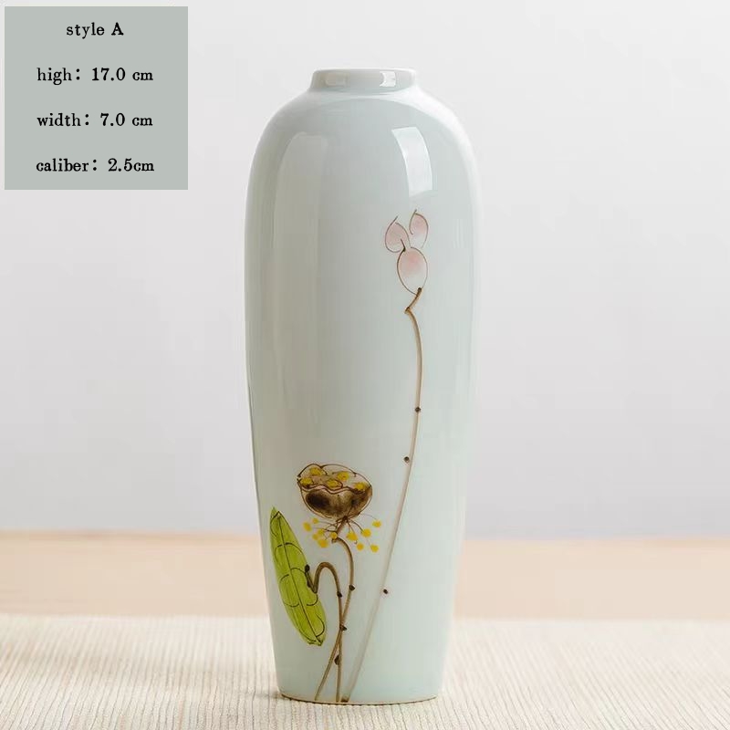 Jingdezhen ceramic hand-painted lotus flower vase, tea room ornament, dried flower hydroponic vase, living room three-piece decoration set.