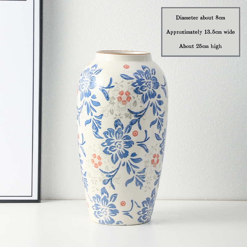 High-end retro-style new Chinese blue and white porcelain vase three-piece set for living room and dining room, floral arrangement, home decoration.
