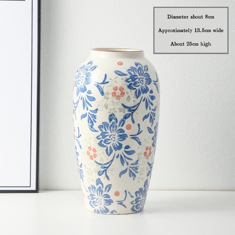High-end retro-style new Chinese blue and white porcelain vase three-piece set for living room and dining room, floral arrangement, home decoration.