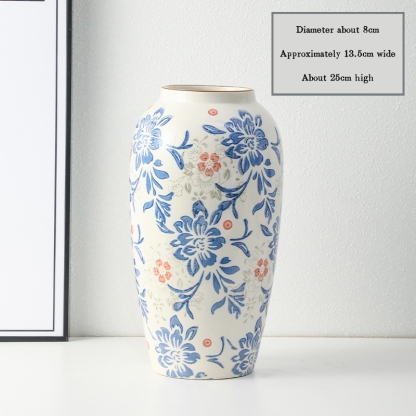 High-end retro-style new Chinese blue and white porcelain vase three-piece set for living room and dining room, floral arrangement, home decoration.
