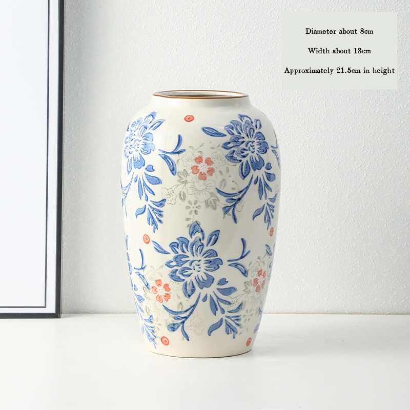 High-end retro-style new Chinese blue and white porcelain vase three-piece set for living room and dining room, floral arrangement, home decoration.