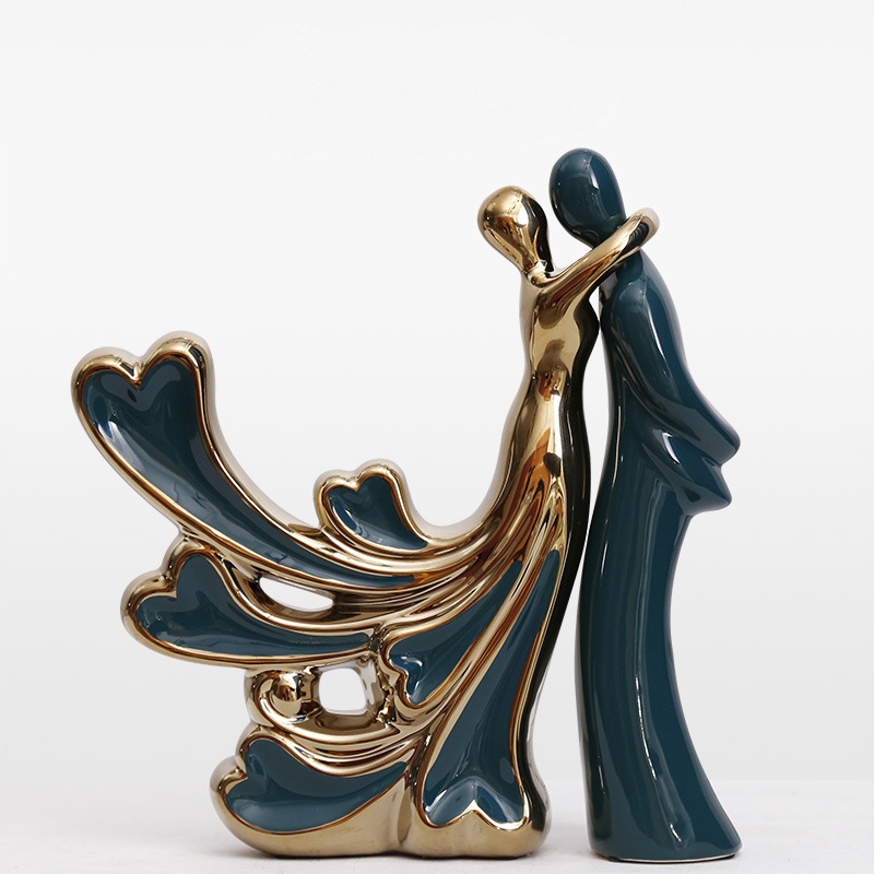 Nordic Morandi dark green electroplated gold ceramic couple figurine wine cabinet decoration high-end gift ornament